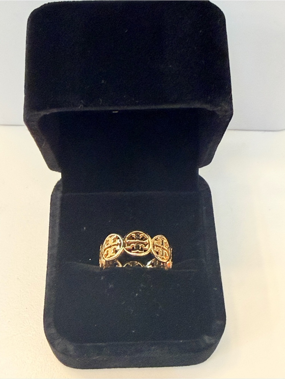 Tory Burch Gold Tone Logo Openwork Band Ring, Size 8